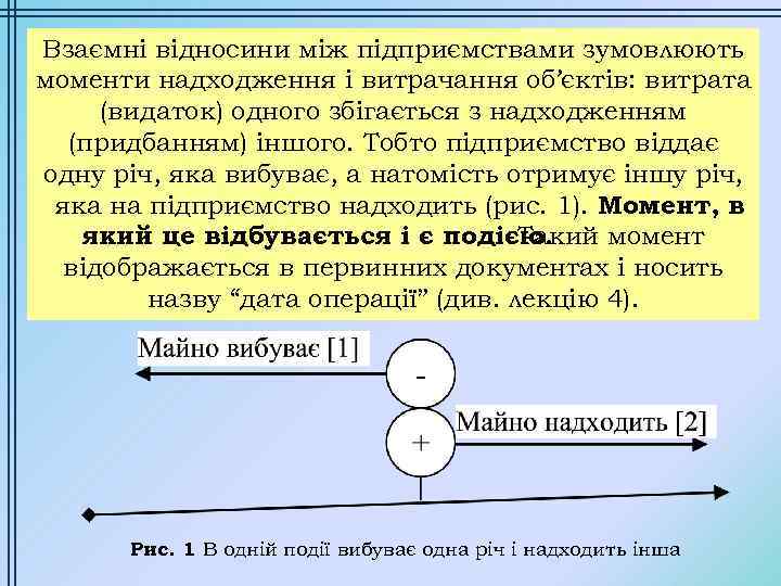 Взаємні відносини між підприємствами зумовлюють моменти надходження і витрачання об’єктів: витрата (видаток) одного збігається