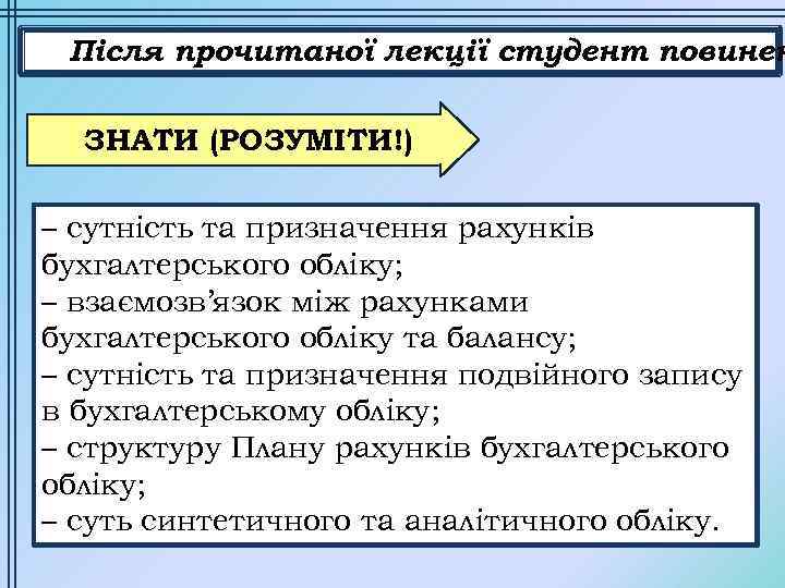 Після прочитаної лекції студент повинен ЗНАТИ (РОЗУМІТИ!) – сутність та призначення рахунків бухгалтерського обліку;