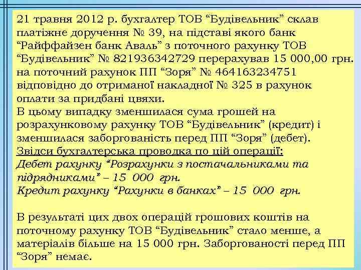 21 травня 2012 р. бухгалтер ТОВ “Будівельник” склав платіжне доручення № 39, на підставі