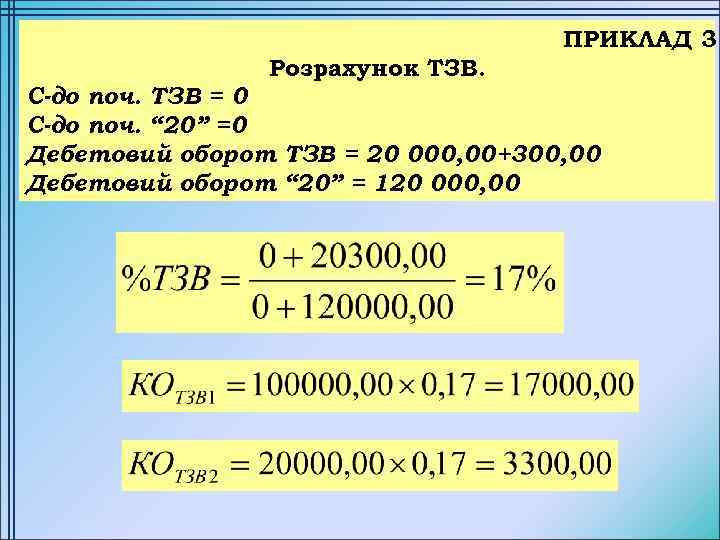 ПРИКЛАД 3 Розрахунок ТЗВ. С-до поч. ТЗВ = 0 С-до поч. “ 20” =0