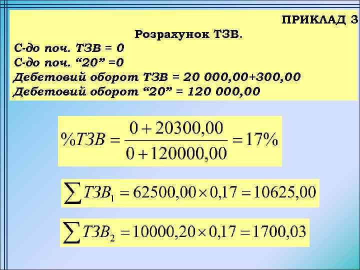 ПРИКЛАД 3 Розрахунок ТЗВ. С-до поч. ТЗВ = 0 С-до поч. “ 20” =0