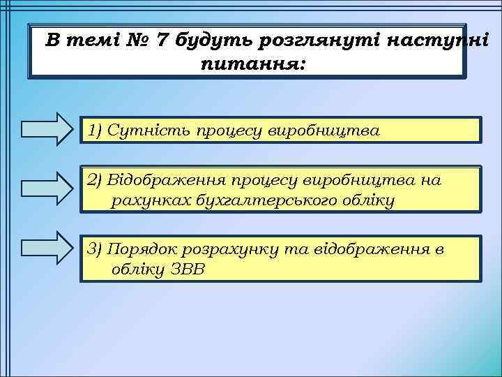 В темі № 7 будуть розглянуті наступні питання: 1) Сутність процесу виробництва 2) Відображення