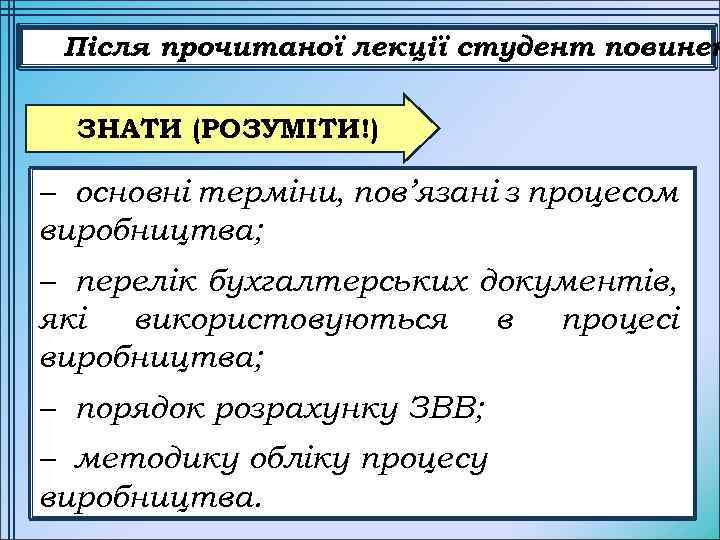 Після прочитаної лекції студент повинен ЗНАТИ (РОЗУМІТИ!) – основні терміни, пов’язані з процесом виробництва;