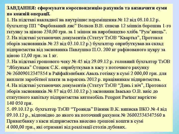 ЗАВДАННЯ: сформувати кореспонденцію рахунків та визначити суми по кожній операції. 1. На підставі накладної