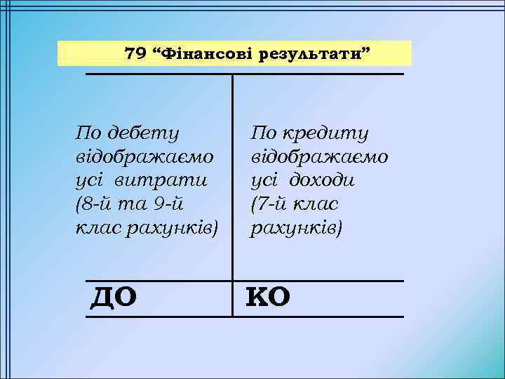 79 “Фінансові результати” По дебету відображаємо усі витрати (8 -й та 9 -й клас