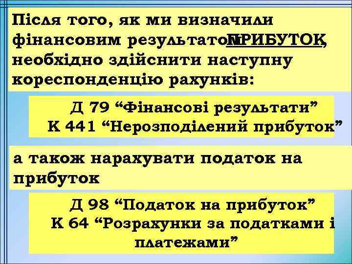 Після того, як ми визначили фінансовим результатом ПРИБУТОК , необхідно здійснити наступну кореспонденцію рахунків: