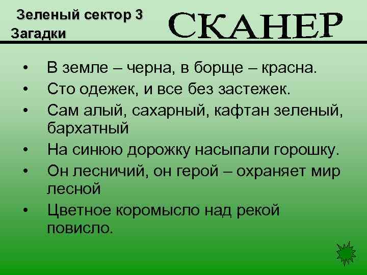 Зеленый сектор 3 Загадки • • • В земле – черна, в борще –