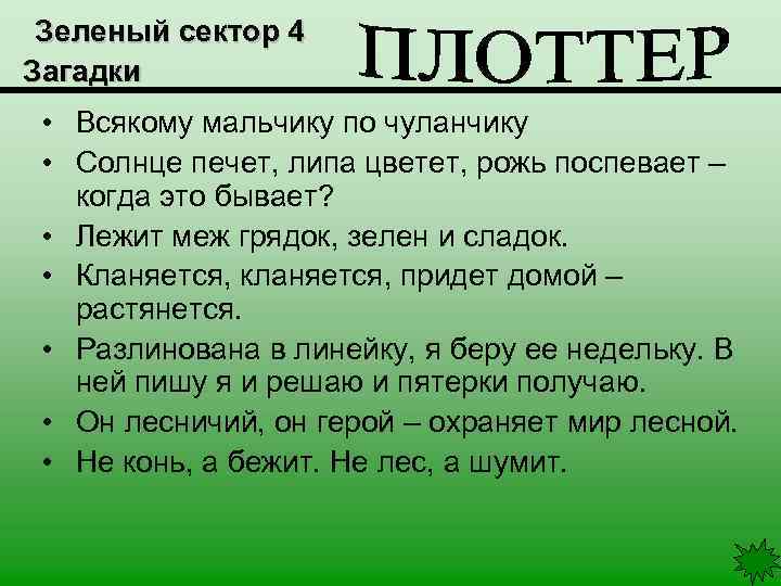 Зеленый сектор 4 Загадки • Всякому мальчику по чуланчику • Солнце печет, липа цветет,