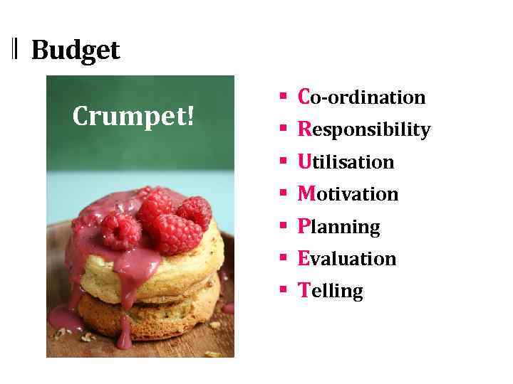 Budget Crumpet! § § § § Co-ordination Responsibility Utilisation Motivation Planning Evaluation Telling 