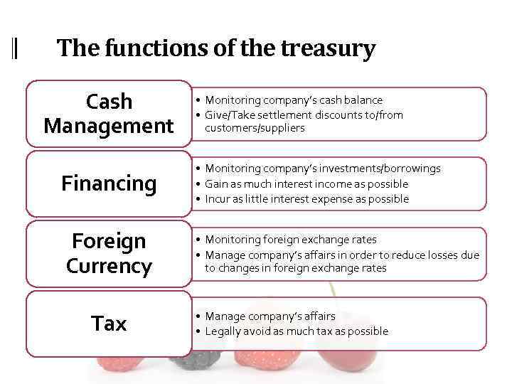 The functions of the treasury Cash Management Financing Foreign Currency Tax • Monitoring company’s