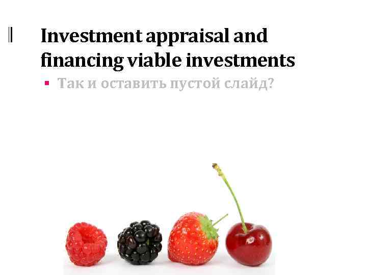 Investment appraisal and financing viable investments § Так и оставить пустой слайд? 