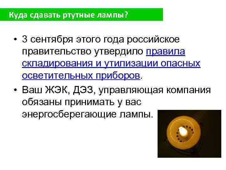 Куда сдавать ртутные лампы? • 3 сентября этого года российское правительство утвердило правила складирования