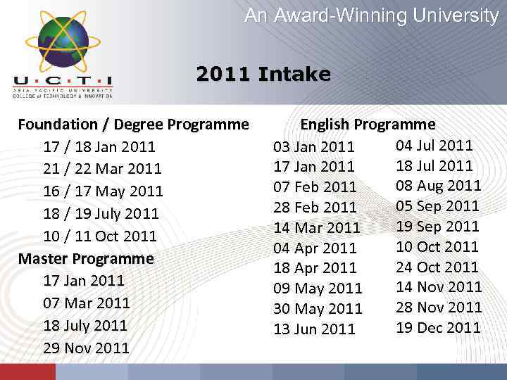 An Award-Winning University 2011 Intake Foundation / Degree Programme English Programme 04 Jul 2011