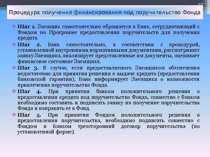 12 Процедура получения финансирования под поручительство Фонда v Шаг 1. Заемщик самостоятельно обращается в