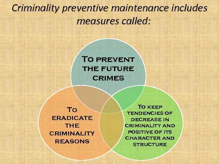 Criminality preventive maintenance includes measures called: To prevent the future crimes To eradicate the