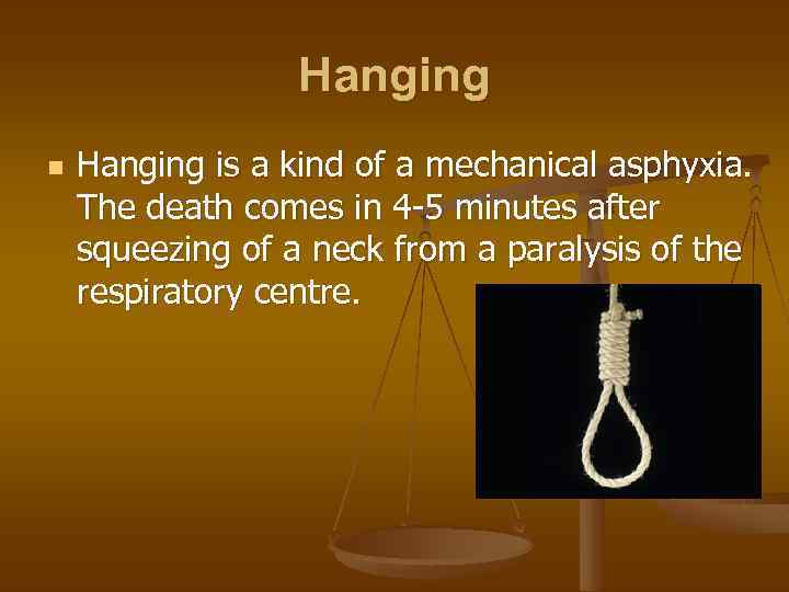 Hanging n Hanging is a kind of a mechanical asphyxia. The death comes in