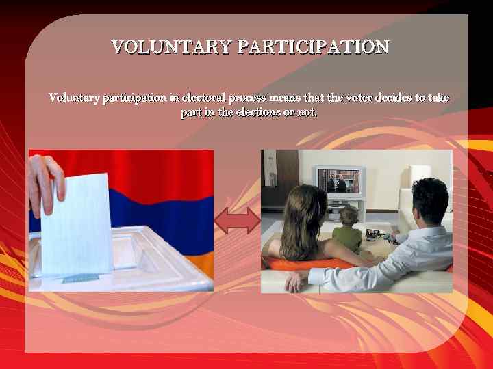 VOLUNTARY PARTICIPATION Voluntary participation in electoral process means that the voter decides to take