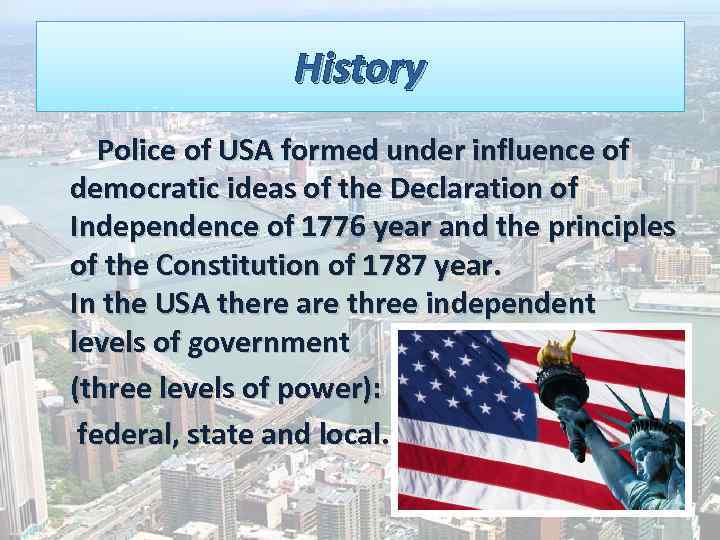 History Police of USA formed under influence of democratic ideas of the Declaration of