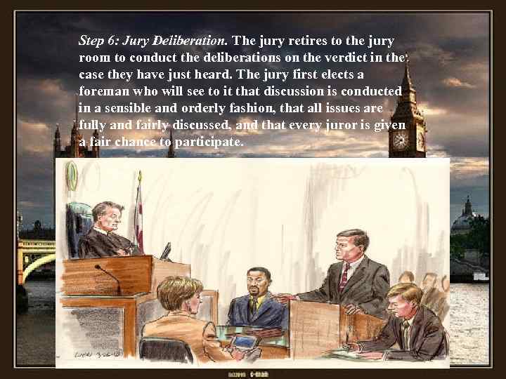 Step 6: Jury Deliberation. The jury retires to the jury room to conduct the