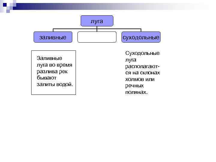 луга заливные Заливные луга во время разлива рек бывают залиты водой. суходольные Суходольные луга