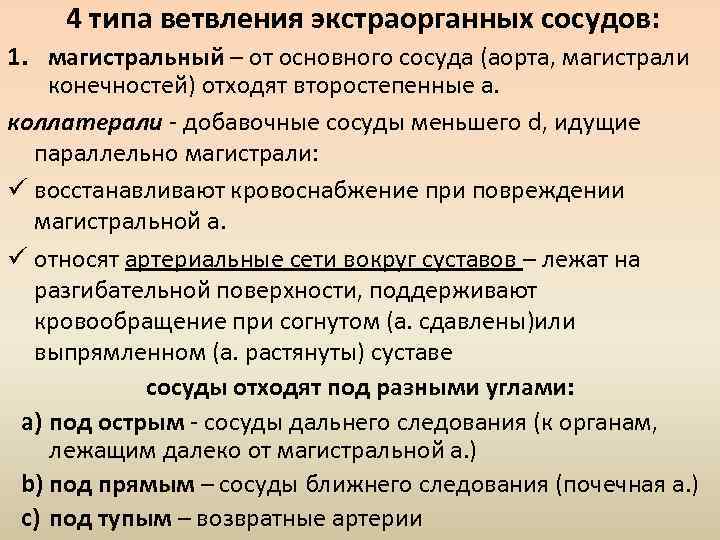 4 типа ветвления экстраорганных сосудов: 1. магистральный – от основного сосуда (аорта, магистрали конечностей)