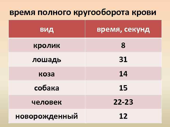 время полного кругооборота крови вид время, секунд кролик 8 лошадь 31 коза 14 собака