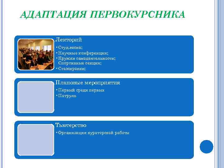 АДАПТАЦИЯ ПЕРВОКУРСНИКА Лекторий • Студ. весна; • Научные конференции; • Кружки самодеятельности; Спортивные секции;