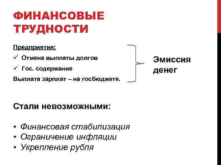 ФИНАНСОВЫЕ ТРУДНОСТИ Предприятия: ü Отмена выплаты долгов ü Гос. содержание Выплата зарплат – на