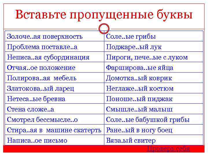 Вставьте пропущенные буквы Золоче. . ая поверхность Проблема поставле. . а Неписа. . ая