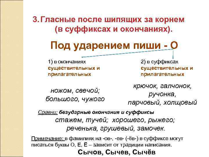 3. Гласные после шипящих за корнем (в суффиксах и окончаниях). Под ударением пиши -