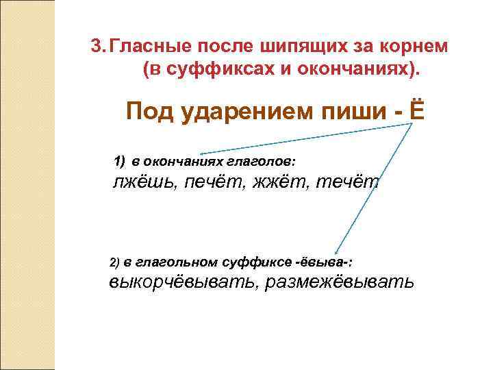 3. Гласные после шипящих за корнем (в суффиксах и окончаниях). Под ударением пиши -