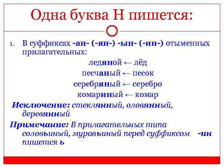 Одна буква Н пишется: В суффиксах -ан- (-ян-) -ын- (-ин-) отыменных прилагательных: ледяной ←