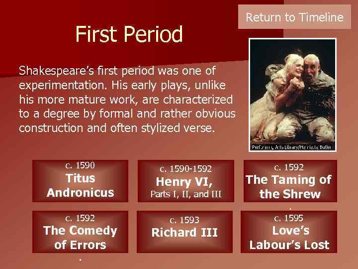 First Period Return to Timeline Shakespeare’s first period was one of experimentation. His early