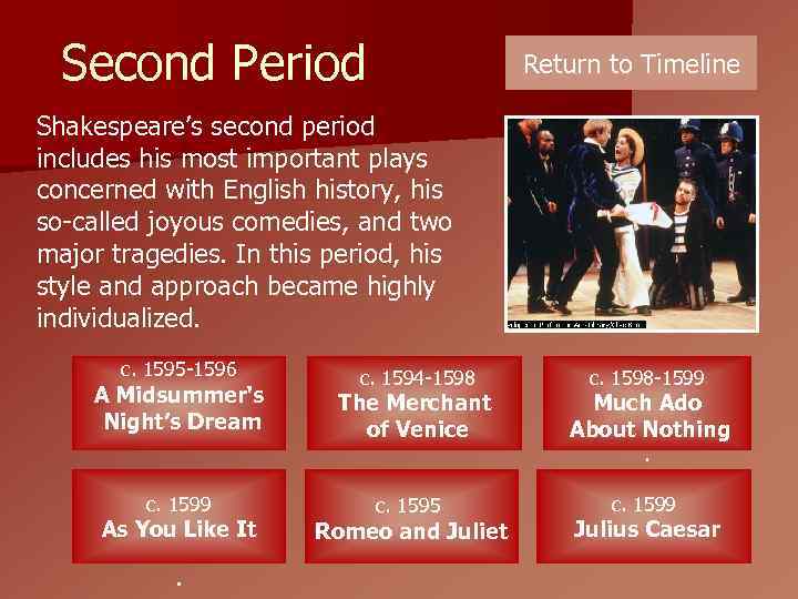 Second Period Return to Timeline Shakespeare’s second period includes his most important plays concerned