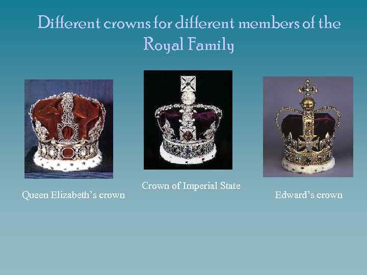 Different crowns for different members of the Royal Family Queen Elizabeth’s crown Crown of