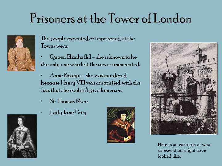 Prisoners at the Tower of London The people executed or imprisoned at the Tower