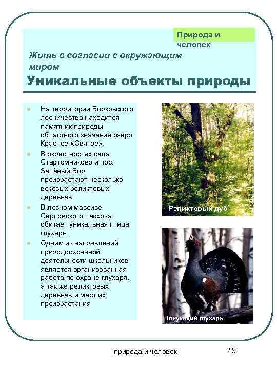 Природа и человек Жить в согласии с окружающим миром Уникальные объекты природы l l