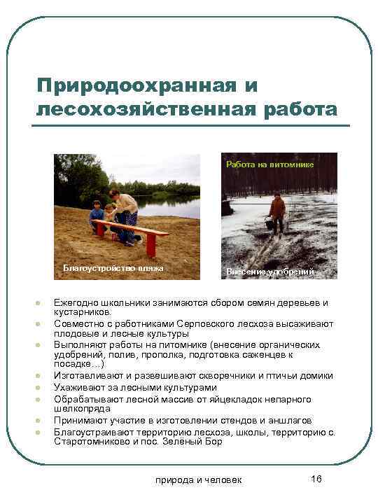 Природоохранная и лесохозяйственная работа Работа на питомнике Благоустройство пляжа l l l l Внесение