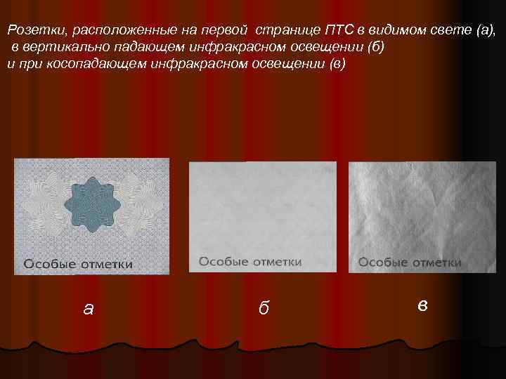 Розетки, расположенные на первой странице ПТС в видимом свете (а), в вертикально падающем инфракрасном