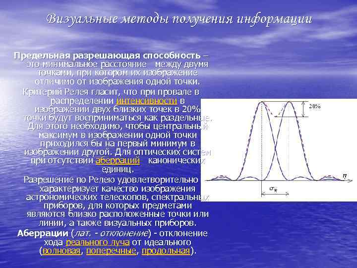 Визуальные методы получения информации Предельная разрешающая способность – это минимальное расстояние между двумя точками,