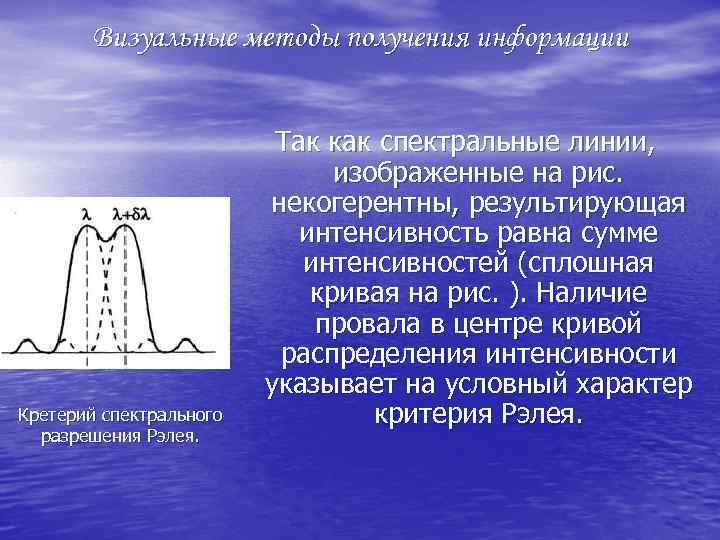 Визуальные методы получения информации Кретерий спектрального разрешения Рэлея. Так как спектральные линии, изображенные на