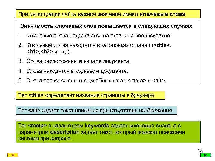 При регистрации сайта важное значение имеют ключевые слова. Значимость ключевых слов повышается в следующих
