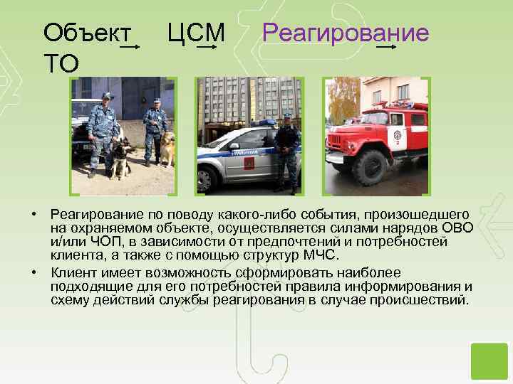 Объект ЦСМ Реагирование ТО • Реагирование по поводу какого-либо события, произошедшего на охраняемом объекте,