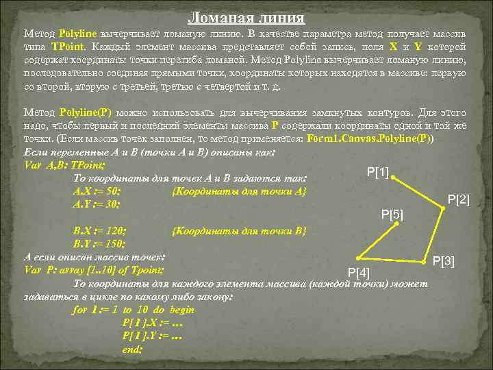 Ломаная линия Метод Polyline вычерчивает ломаную линию. В качестве параметра метод получает массив типа