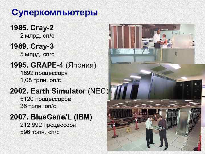 Суперкомпьютеры 1985. Cray-2 2 млрд. оп/c 1989. Cray-3 5 млрд. оп/c 1995. GRAPE-4 (Япония)