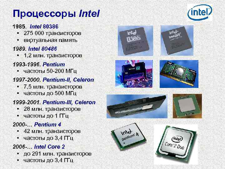 Процессоры Intel 1985. Intel 80386 • 275 000 транзисторов • виртуальная память 1989. Intel