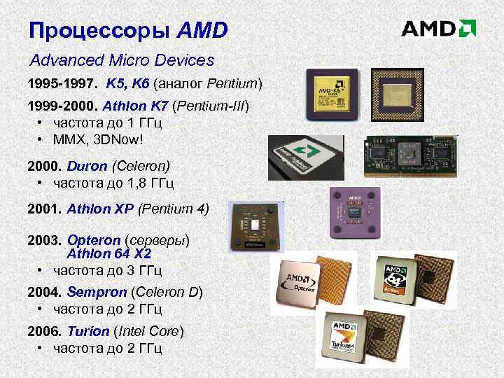 Процессоры AMD Advanced Micro Devices 1995 -1997. K 5, K 6 (аналог Pentium) 1999