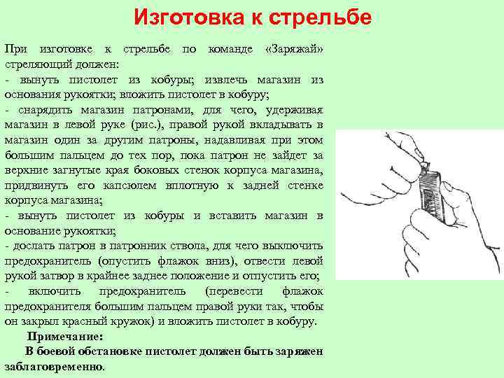 По окончании стрельбы сотрудник. Действия сотрудников по команде Заряжай. Изготовка к стрельбе. Действия по команде «магазин снарядить». Команды при стрельбе.