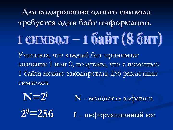 Для кодирования одного символа требуется один байт информации. Учитывая, что каждый бит принимает значение