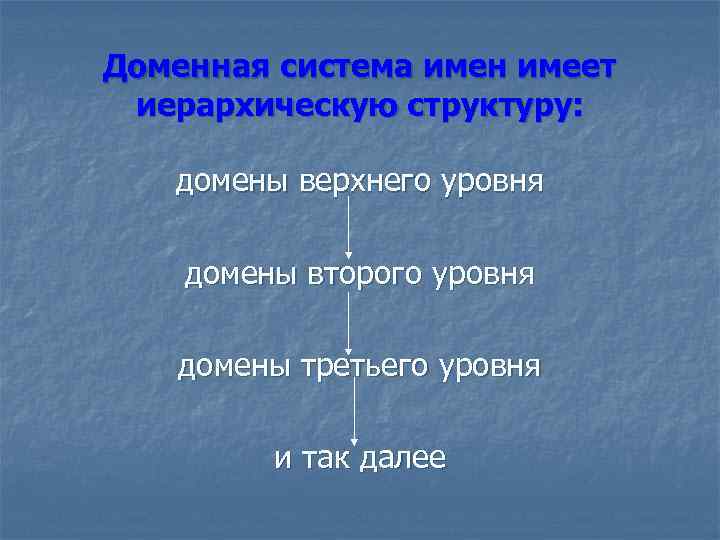 Доменная система имен имеет иерархическую структуру: домены верхнего уровня домены второго уровня домены третьего